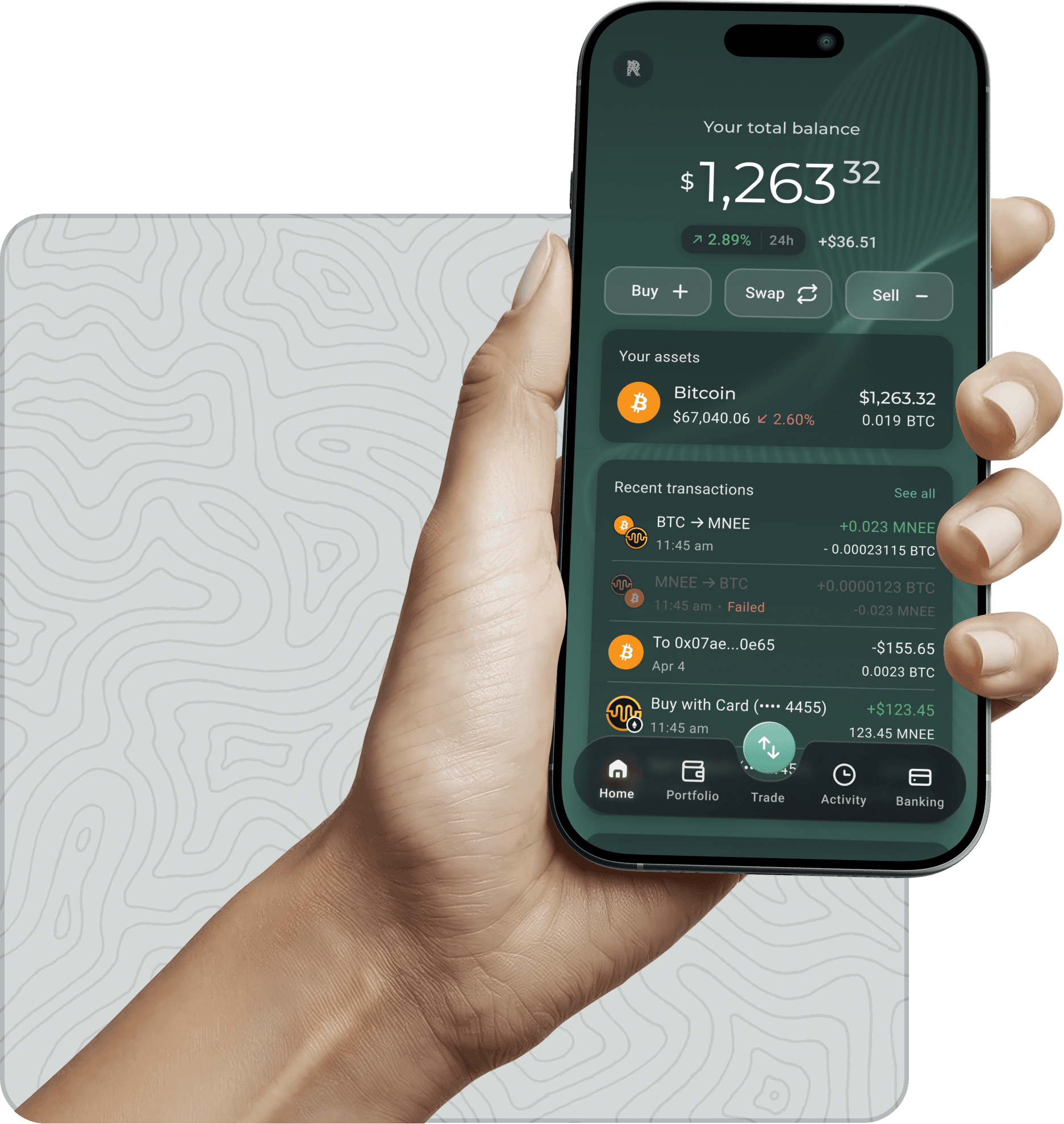 Hand holding RockWallet app