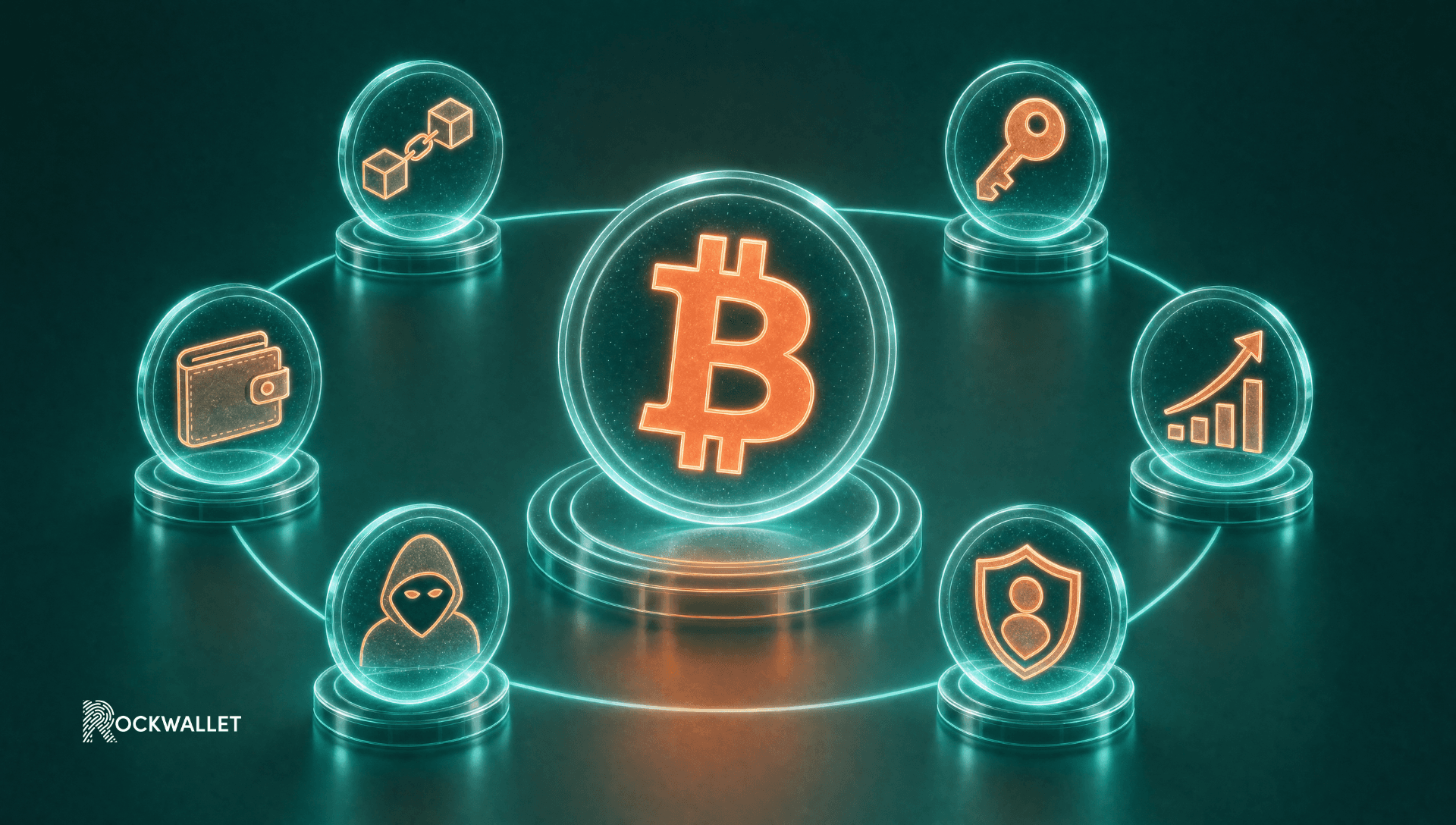 Bitcoin icon surrounded by icons of non-custodial wallet, blockchain, key, growth, security and person with hoodie representing satoshi nakamoto